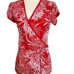 Red & White Floral Graphic Print Faux Wrap Top M
